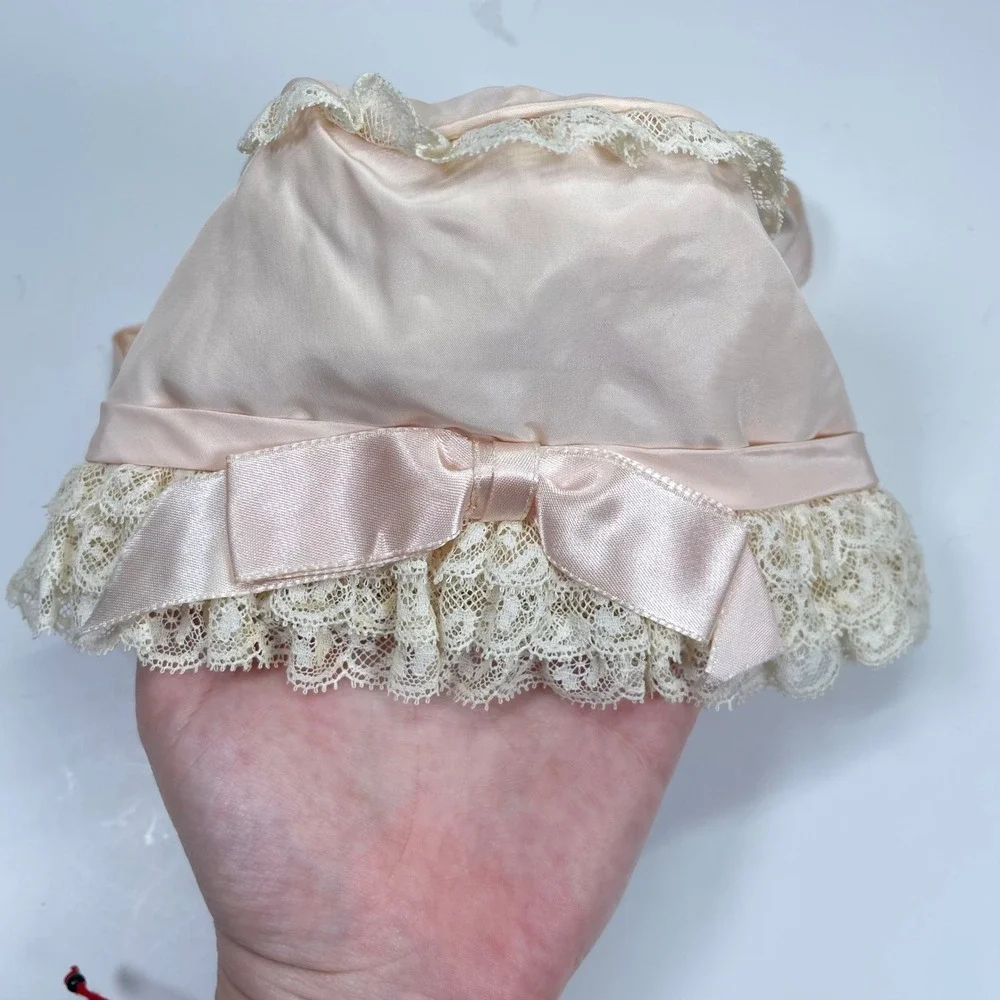 Vintage Baby Bonnet Girl Pink Satin Lace Ruffle Ribbon Tie Baptism Formal